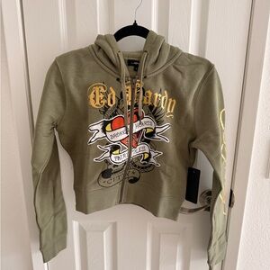 Ed Hardy Broken Hearts Cropped Hoodie - Sage
